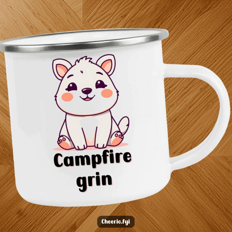 Cute animal with a friendly, welcoming grin, designed for outdoor adventures on a humorous camping mug.