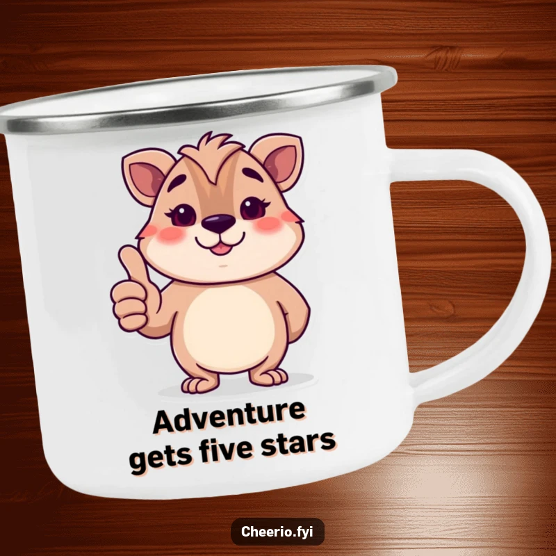 Funny British animal character giving a polite thumbs-up with a smile, a durable camping mug with humorous approval.