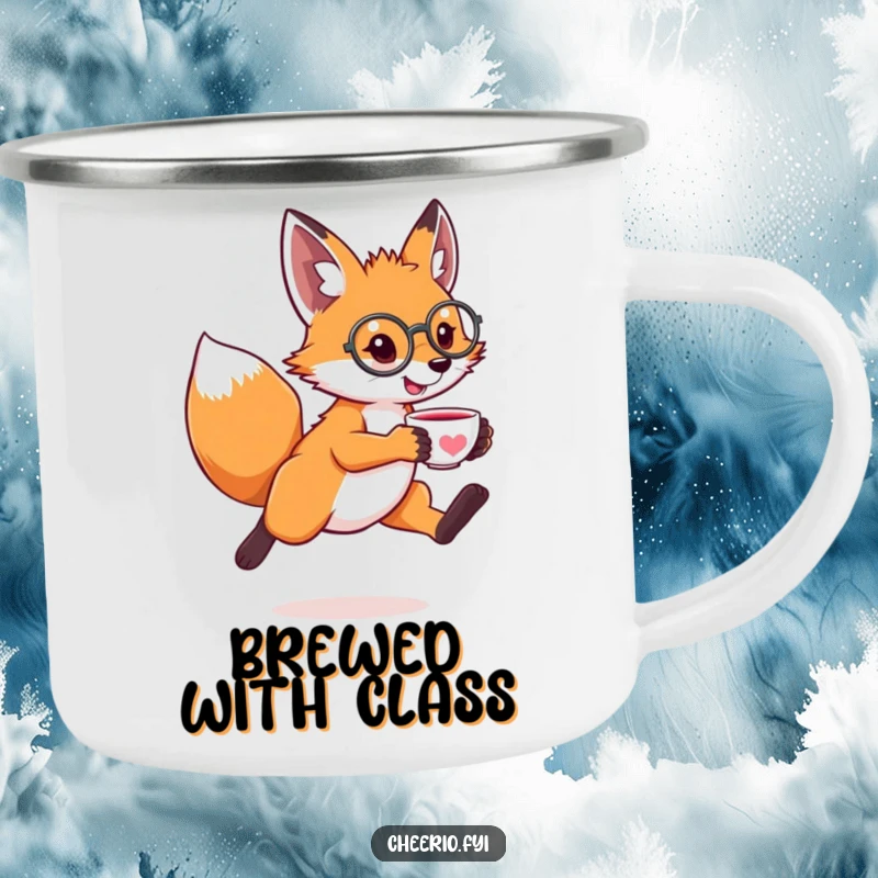 Funny enamel camping mug with a leaping fox wearing a monocle and holding a tiny teacup, for humorous outdoor tea time.