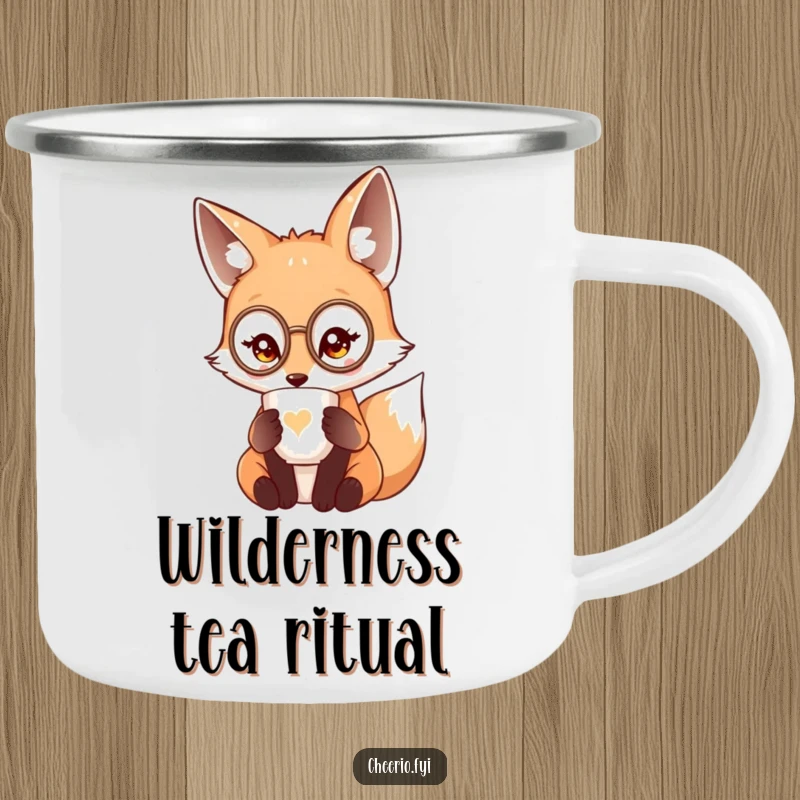 Funny cute fox wearing a miniature monocle sipping tea from a delicate cup, a metal camping mug.