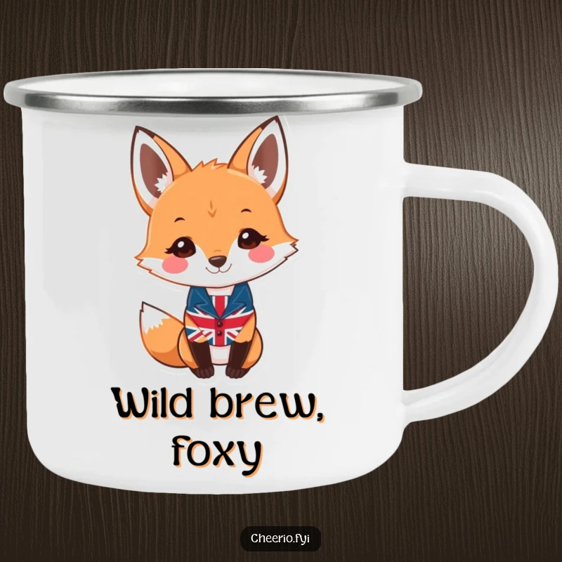 Funny fox camping mug displaying a smiling fox wearing a miniature Union Jack waistcoat, ready for exploration.