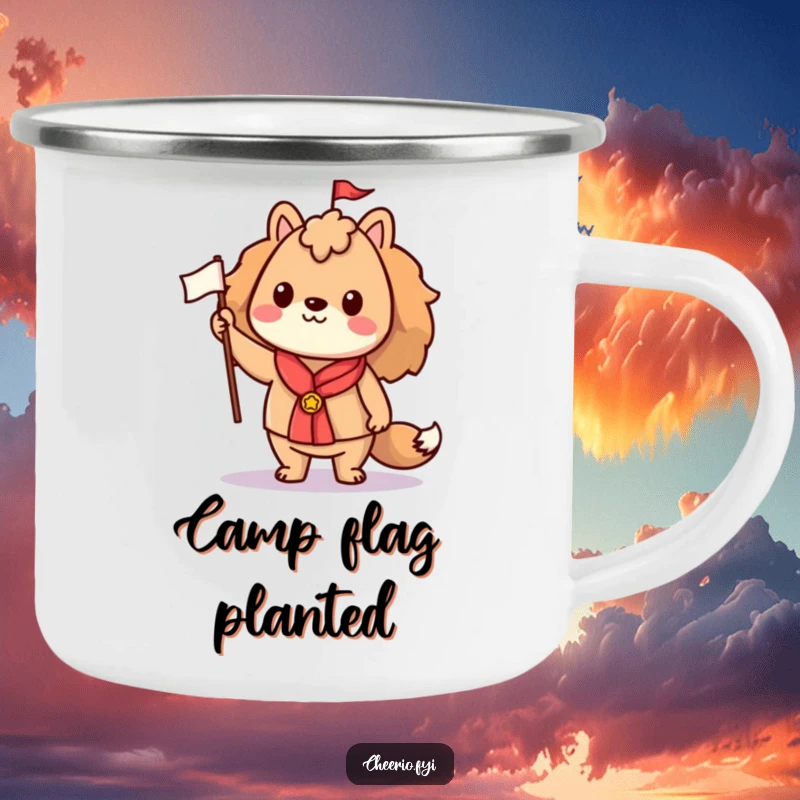 Funny camping mug showcasing a proud animal character holding a small flag, ideal for outdoor enthusiasts who enjoy humor and spirit.