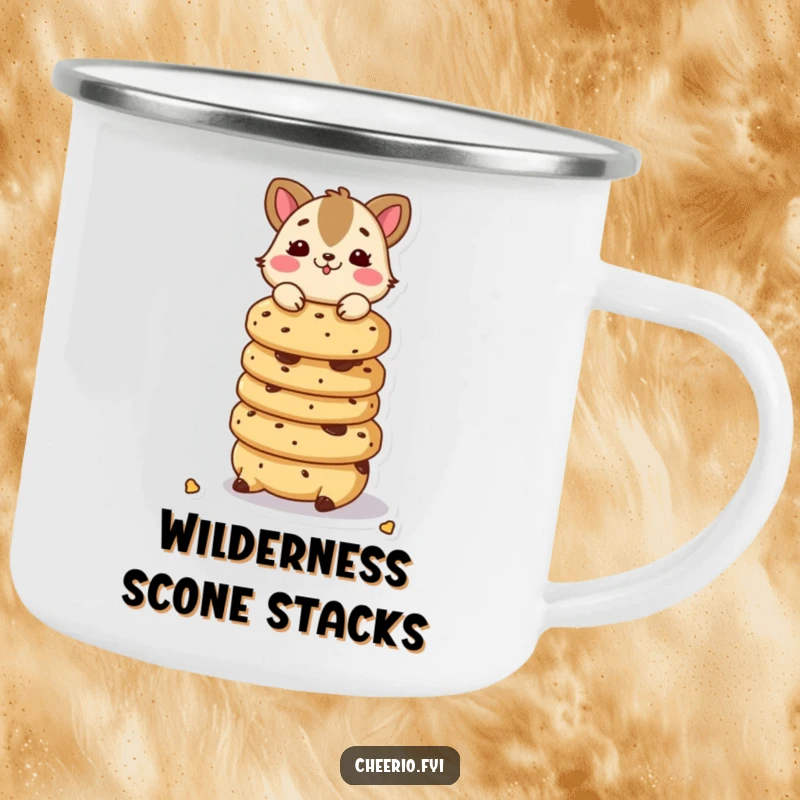 Funny camping mug featuring a playful animal character balancing a stack of scones, perfect for outdoor enjoyment.