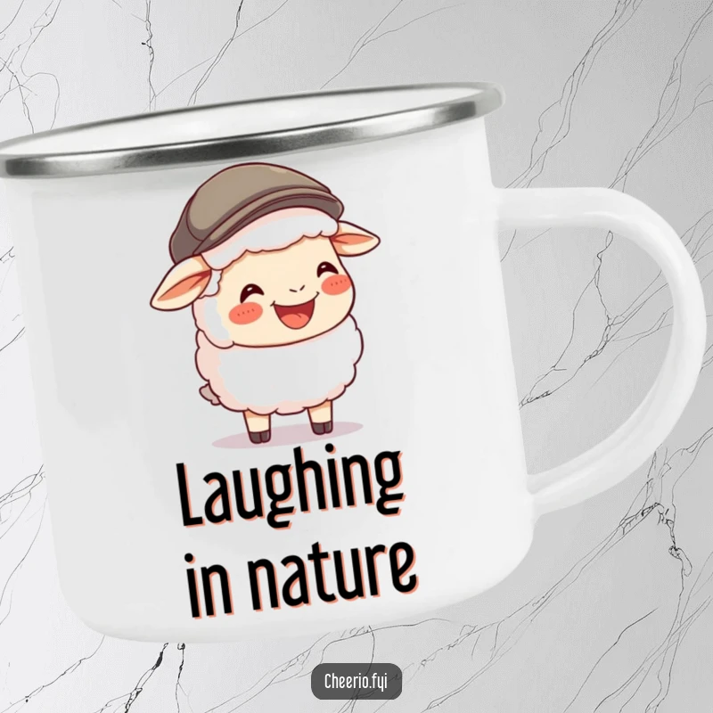 Funny Sheep Flat Cap Camping Mug: A happy sheep wearing a flat cap laughs heartily, ready for outdoor fun.