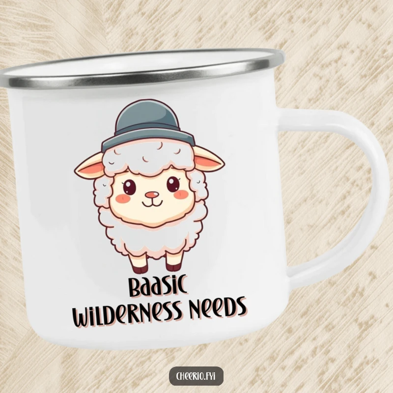 Funny sheep camping mug displaying a happy, fluffy sheep wearing a small bowler hat, ready for outdoor escapades.