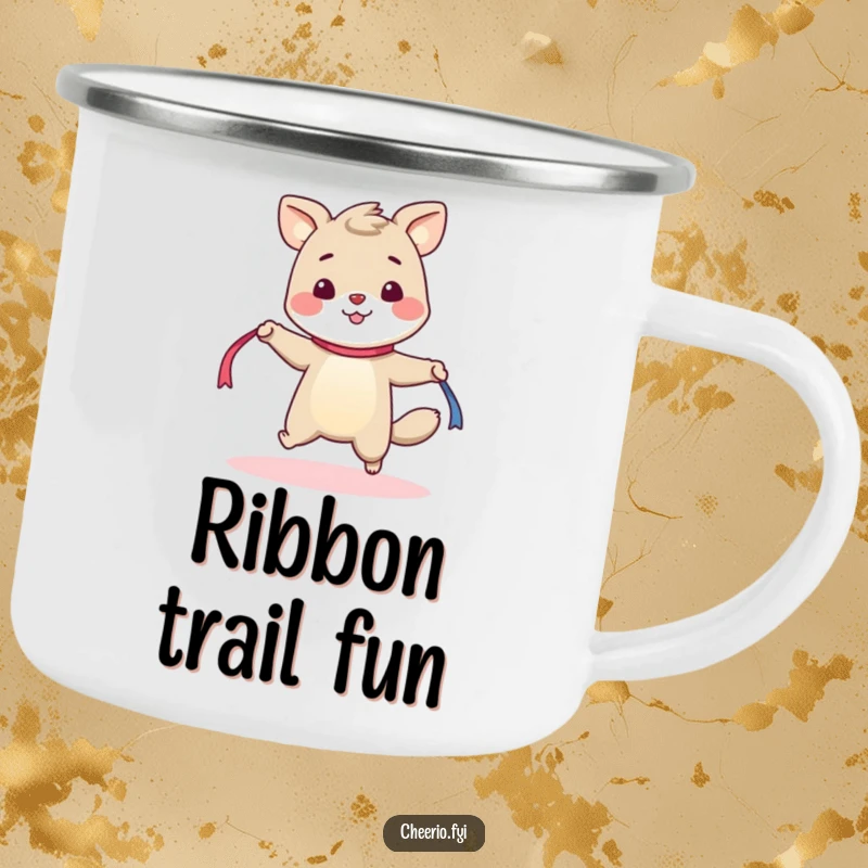 Funny camping mug showing a cheerful animal energetically skipping rope with a ribbon, perfect for the adventurous spirit.