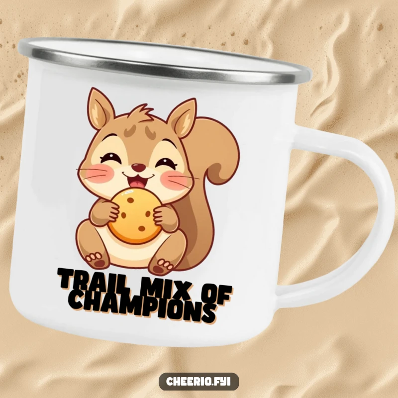 Funny delighted squirrel camping mug holding a small biscuit, perfect for snack-loving outdoor adventures.