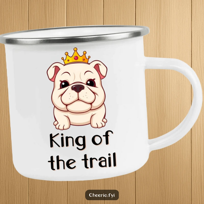 Funny bulldog camping mug displaying a jolly bulldog wearing a mini crown and a proud grin, ready for exploration.