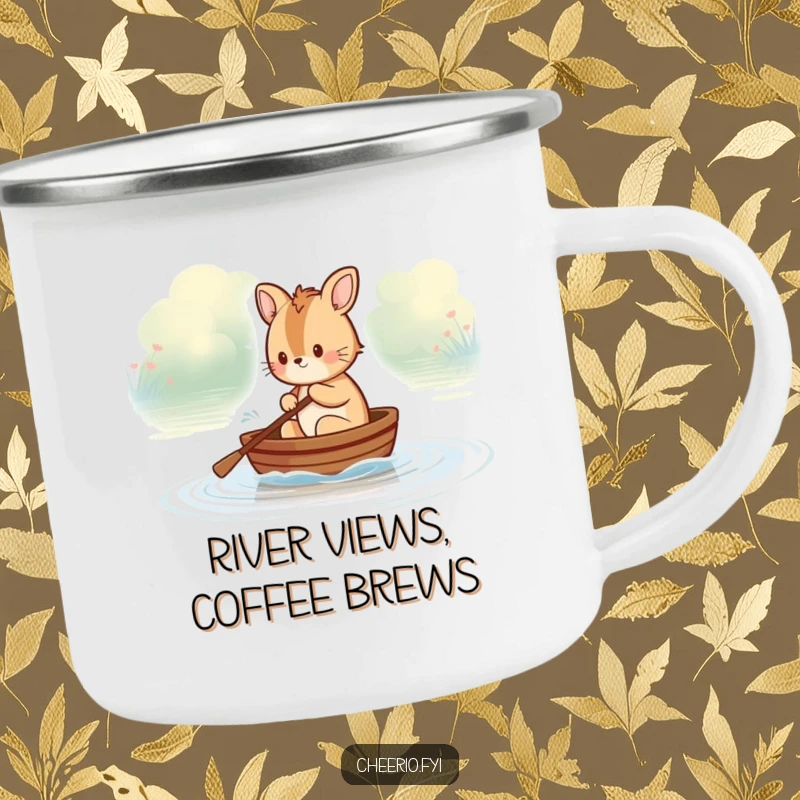 Funny British animal character rowing a tiny boat on a calm river, a durable camping mug with a humorous outdoor theme.
