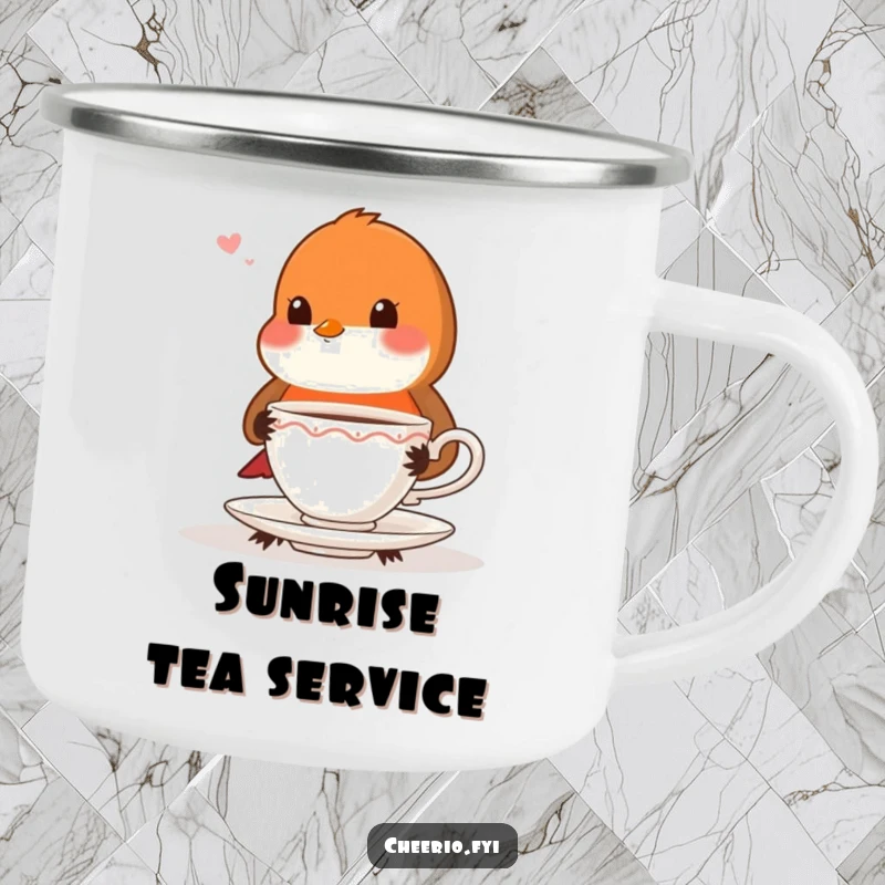 Funny playful robin with very proper posture offering a teacup, a sturdy camping mug.