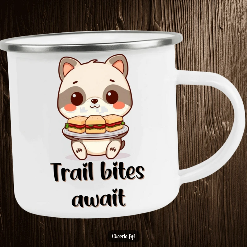 Funny Camping Mug: Stylized animal character happily offers a plate of miniature sandwiches, ideal for outdoors.