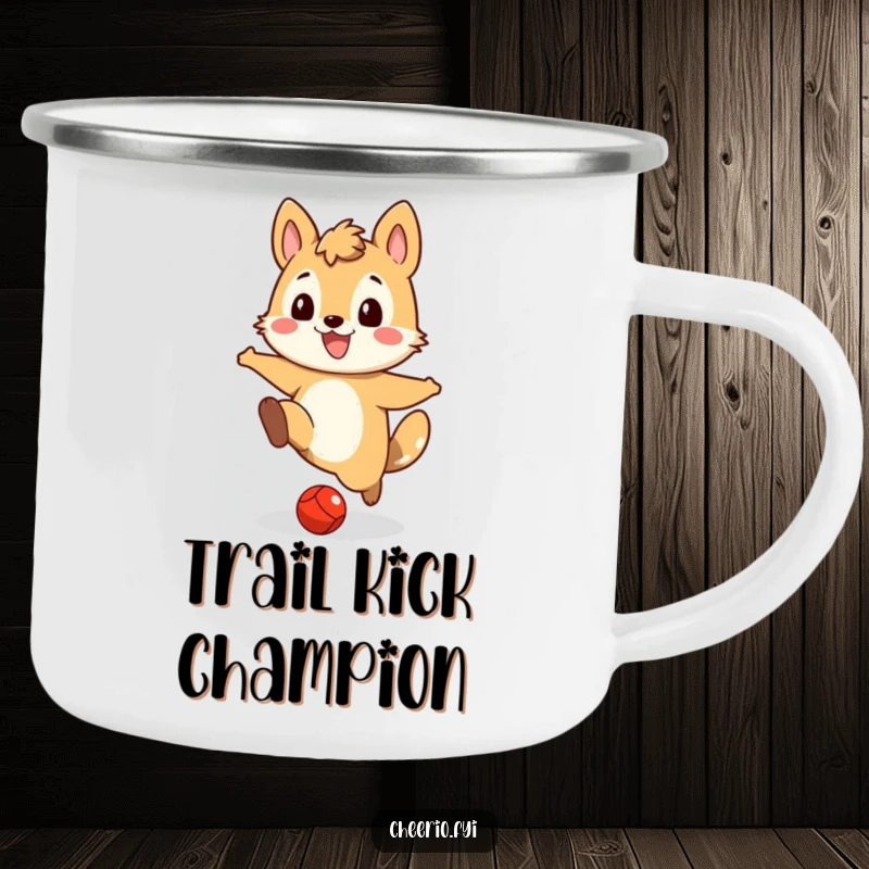Funny camping mug showing a playful animal character kicking a small red ball, built for outdoor fun and durability.