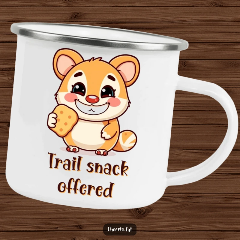 Funny camping mug showcasing a cheerful animal mascot with a wide grin, offering a biscuit, ideal for outdoor enthusiasts who enjoy treats.