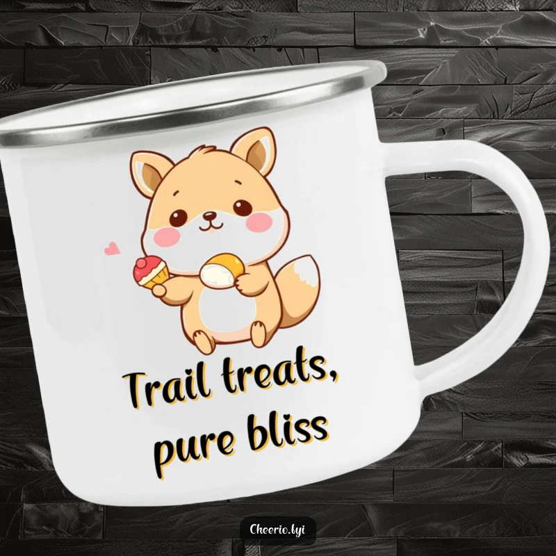 Funny camping mug with a happy animal offering a pastry, perfect for outdoor adventures with sweet humor, ideal funny gift.
