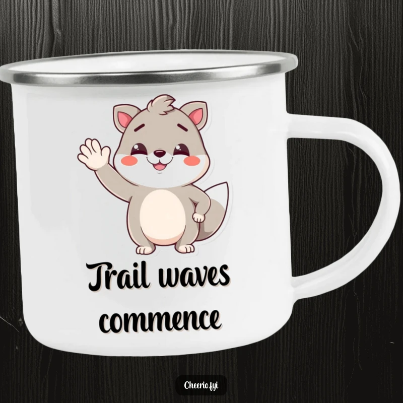 Funny camping mug featuring a confident animal with a smirk, offering a jaunty wave, ideal for outdoor enthusiasts who love humor.