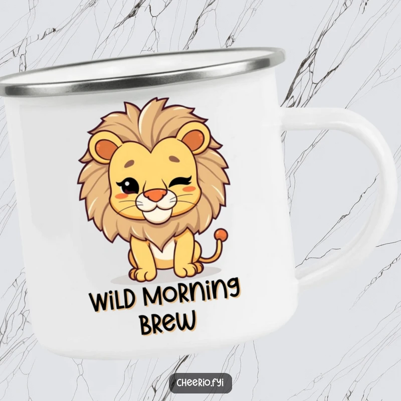 Funny Lion Wink Camping Mug: A proud lion in a regal pose winks, ready for adventurous, humorous moments.