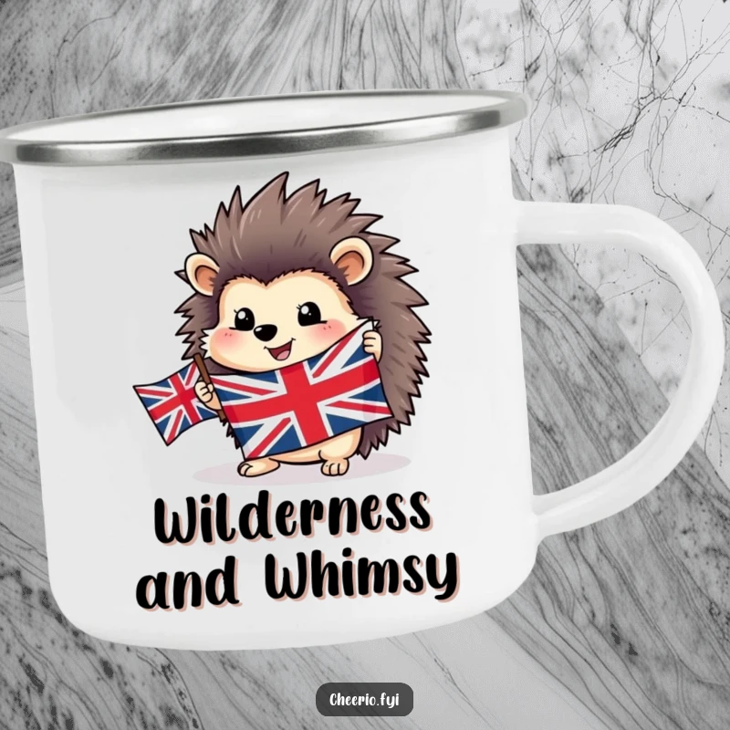 Funny happy hedgehog camping mug proudly holding a Union Jack flag, perfect for patriotic outdoor adventures.