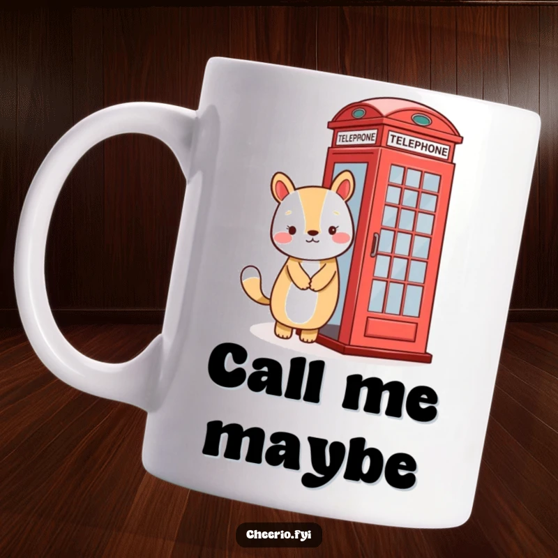 Funny mug showing a friendly smiling animal posing happily next to a vibrant red British style telephone booth.