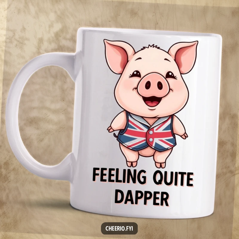 Funny Mug: A happy pig in a Union Jack waistcoat smiling warmly, bringing cheer and cute humor to your beverage.