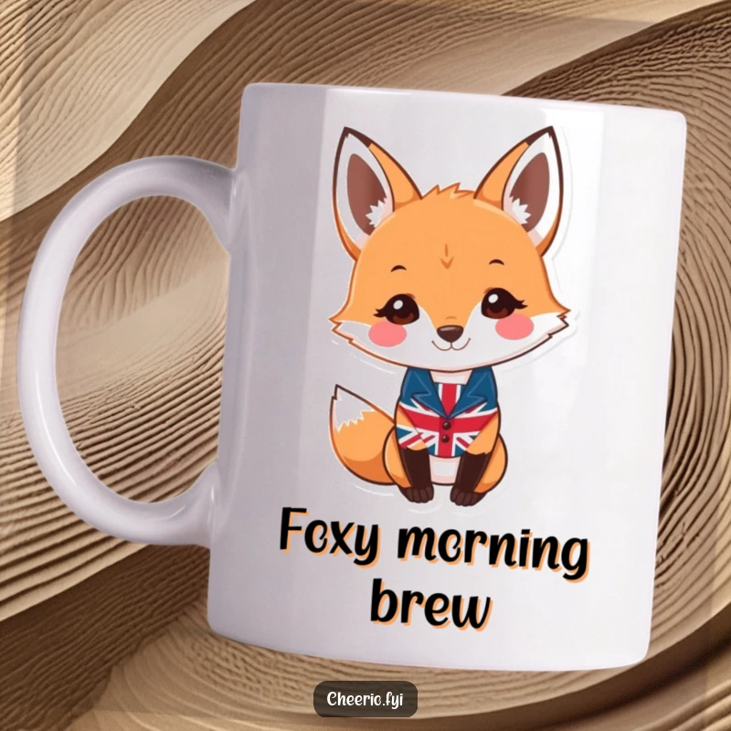 Funny fox mug featuring a smiling fox with keen eyes, wearing a miniature Union Jack waistcoat, looking dapper.