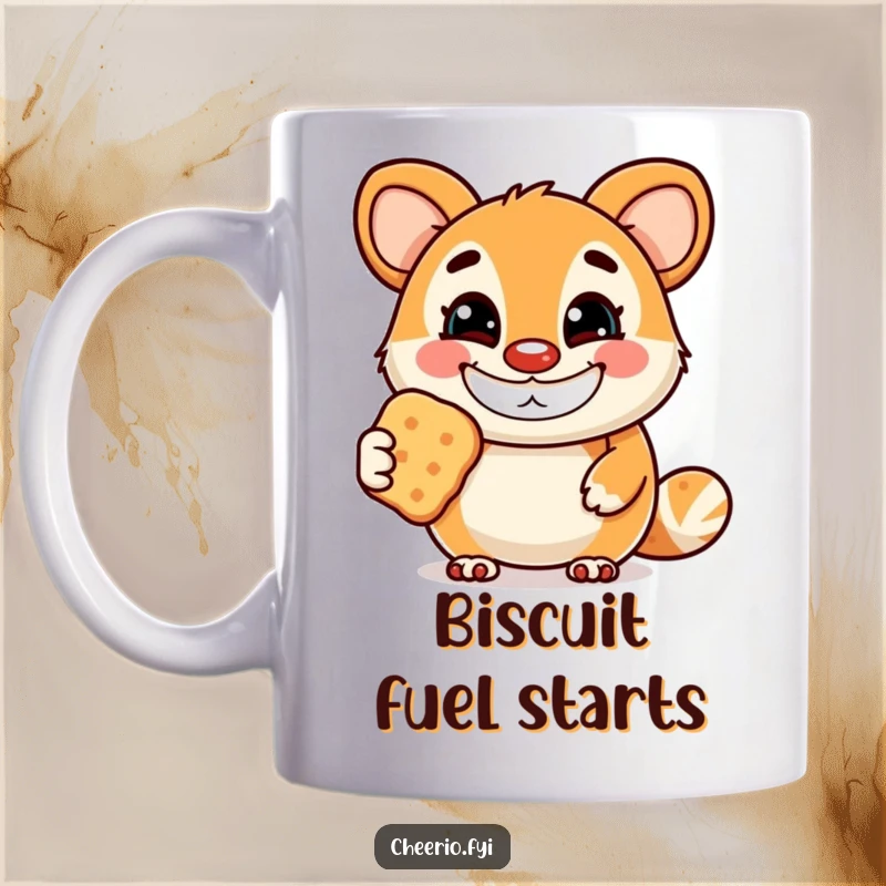 Funny mug showing a cheerful animal mascot with a wide grin, extending a tasty biscuit as a friendly offer.