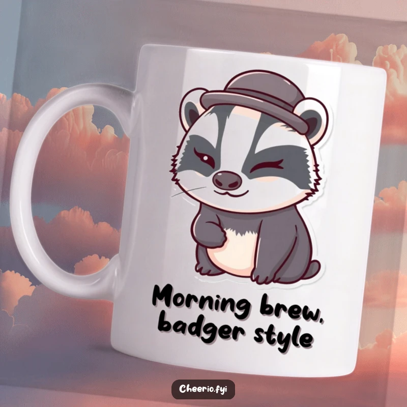 Funny badger wearing a tiny bowler hat, winking mischievously on a ceramic mug, a delightful and humorous gift.