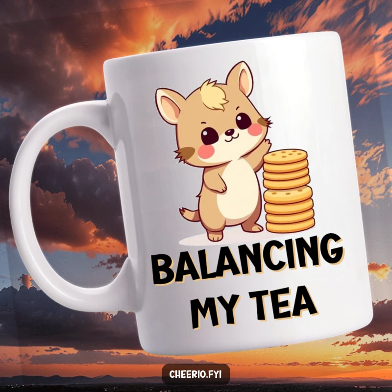 Funny British animal character precariously balancing a tall stack of biscuits, looking concerned but determined, on a mug.
