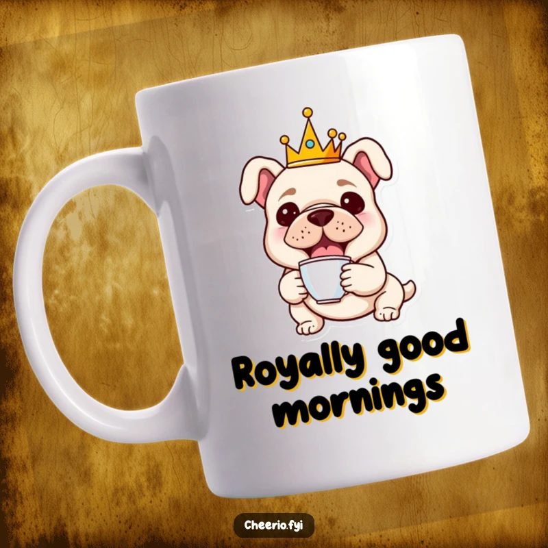 Funny mug with a cheerful bulldog wearing a small golden crown, delicately holding a tiny teacup in its paw.