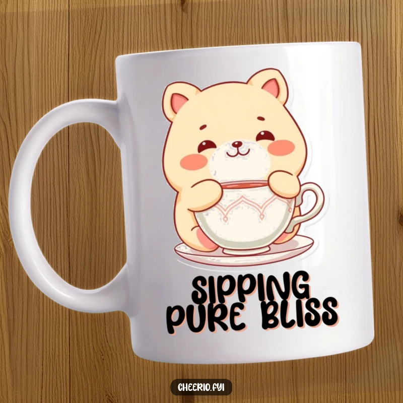 Funny Chubby Cat Mug: A chubby cat character looking delighted while holding a teacup, perfect for tea lovers, funny gift.