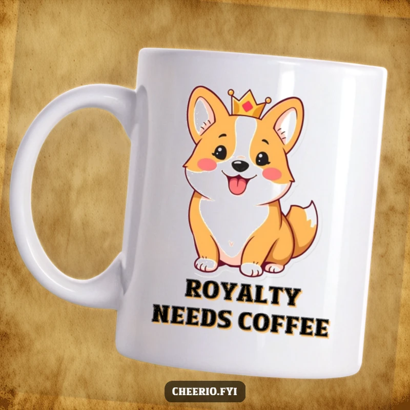 Funny mug featuring a cheerful corgi wearing a small crown and wagging its tail, embodying adorable canine royalty.