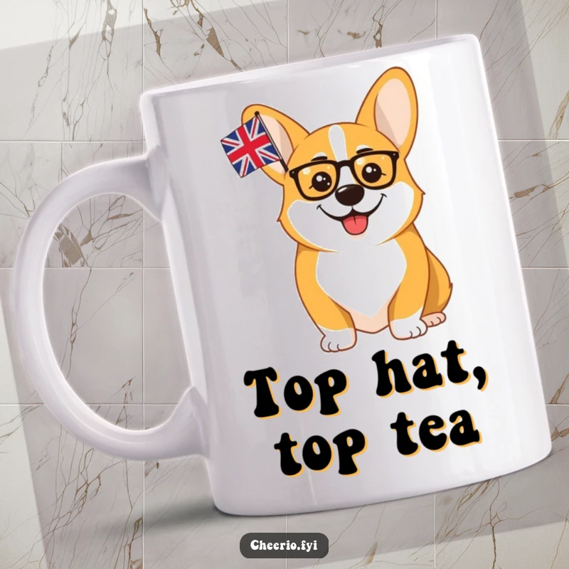 Funny Corgi Monocle Union Jack Mug: A cheerful corgi with a monocle excitedly waves a small British flag, embodying British pride with a smile.