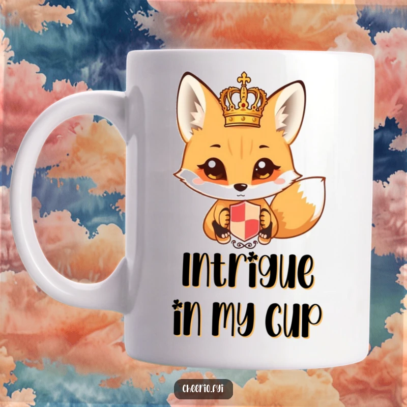 Funny fox with wide, curious eyes intently gazing at a miniature royal crest on a mug. A whimsical funny gift.