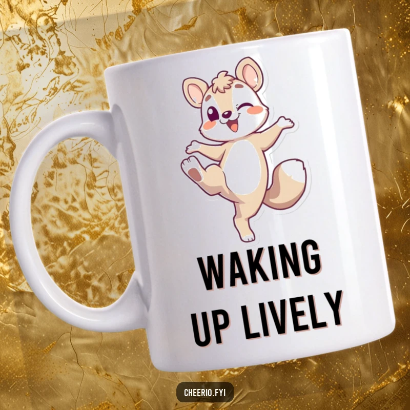 Funny Energetic Fox Mug: An energetic fox character playfully kicking its leg up, full of life and fun, perfect funny gift.