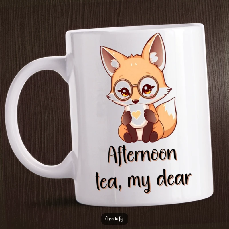 Funny cute fox wearing a miniature monocle sipping tea from a delicate cup, a sophisticated mug.