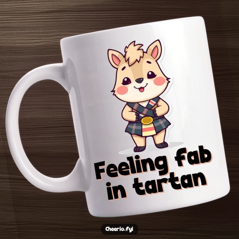Funny British animal character wearing a small kilt and smiling happily, a cheerful mug design perfect for gift giving.