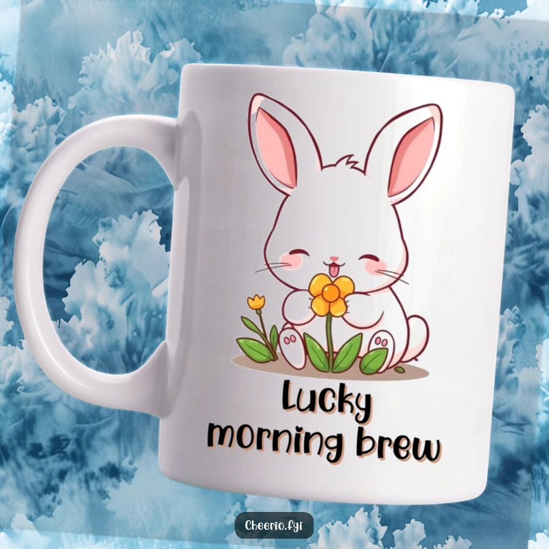Funny content rabbit with perked ears, joyfully nibbling a green clover on a mug. A lucky funny gift.