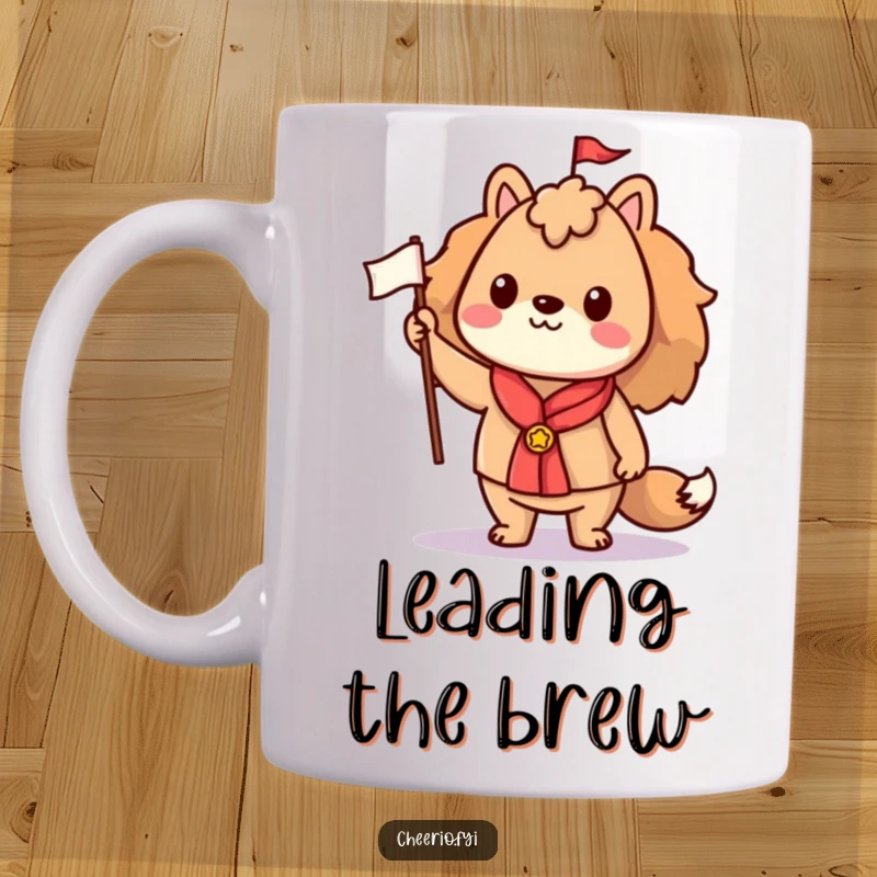 Funny mug featuring a proud animal character standing tall and holding a small flag, representing accomplishment and spirit.