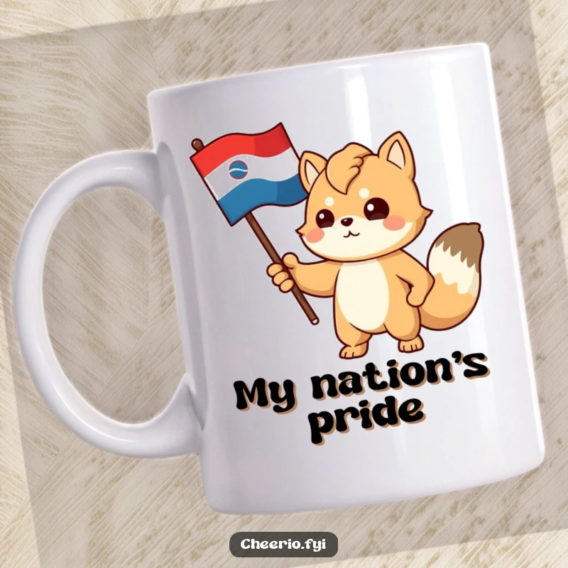 Funny mug featuring a proud, determined animal character gesturing towards a stylized flag with patriotic fervor.