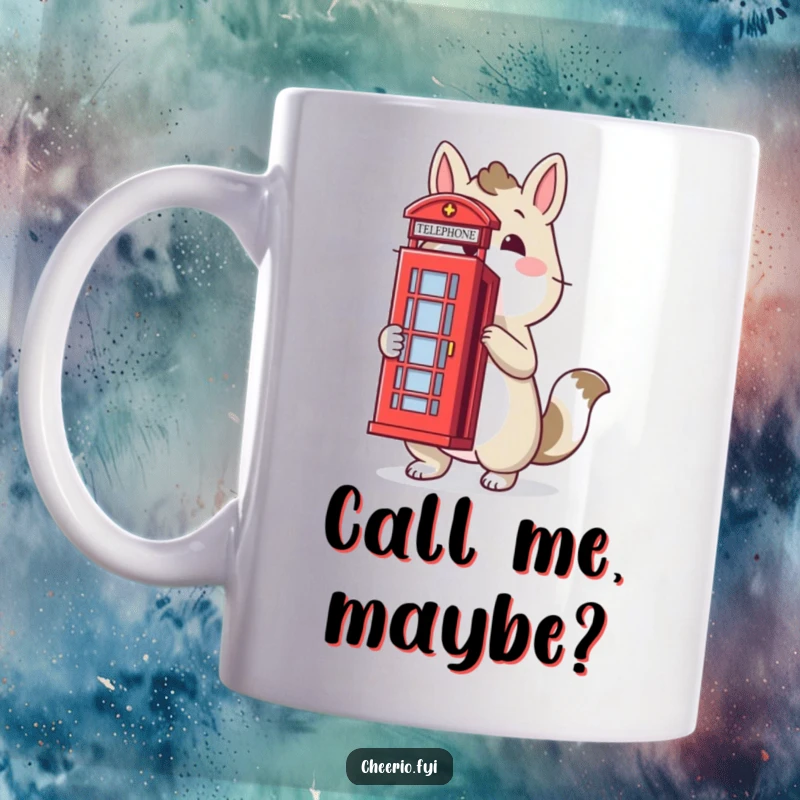 Funny animal mug featuring a proud character posing with a small red telephone box, evoking British charm and humor, perfect funny gift.