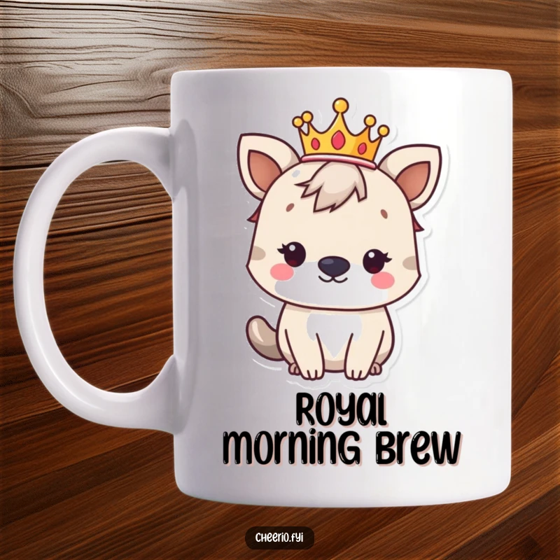 Funny British animal character wearing a small, elegant crown, looking quite regal and distinguished, on a mug.