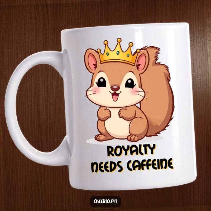 Funny squirrel wearing a tiny golden crown, looking playful and ready to rule your coffee break. A hilarious gift idea.