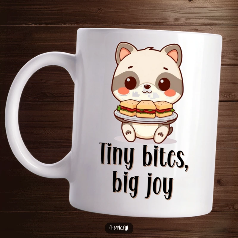 Funny Mug: Stylized animal happily presents a plate of tiny, delectable sandwiches, cute and humorous.