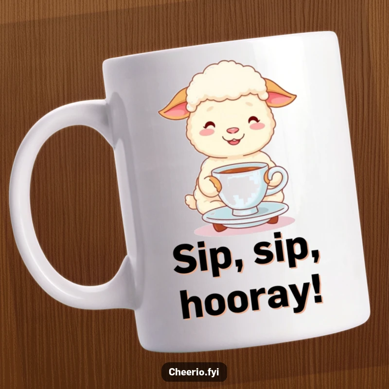 Funny happy sheep sipping merrily from a small tea cup and saucer on a ceramic mug, a cute gift.