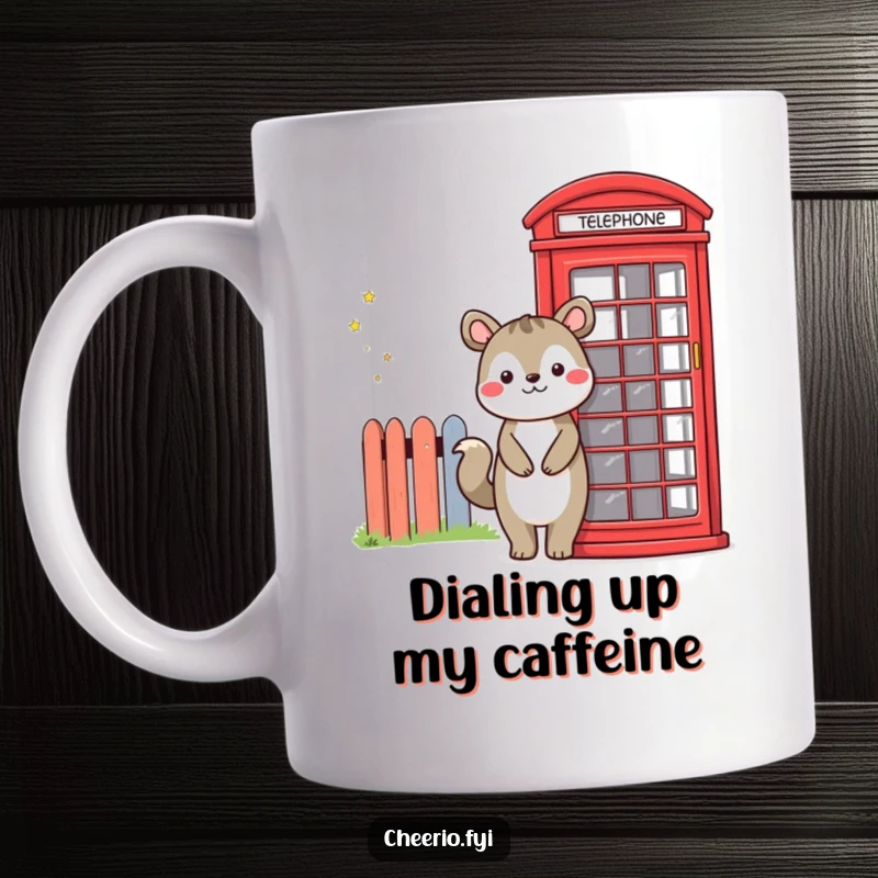 Funny coffee mug with a smiling animal character standing cheerfully beside a bright red London telephone booth, evoking a sense of whimsical adventure.