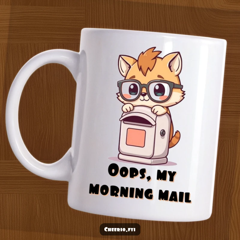 Funny mug shows a playful animal wearing oversized spectacles tripping over a small post box in a comical mishap.