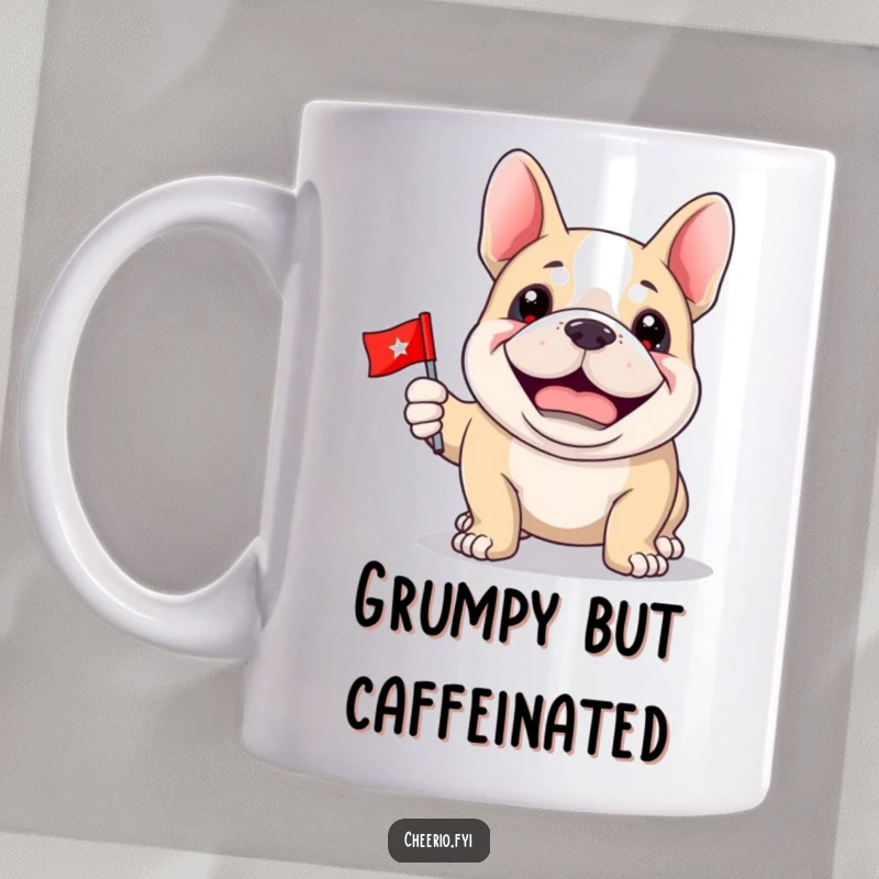 Funny Bulldog Mug: A happy bulldog with a proud grin proudly holds a miniature flag.