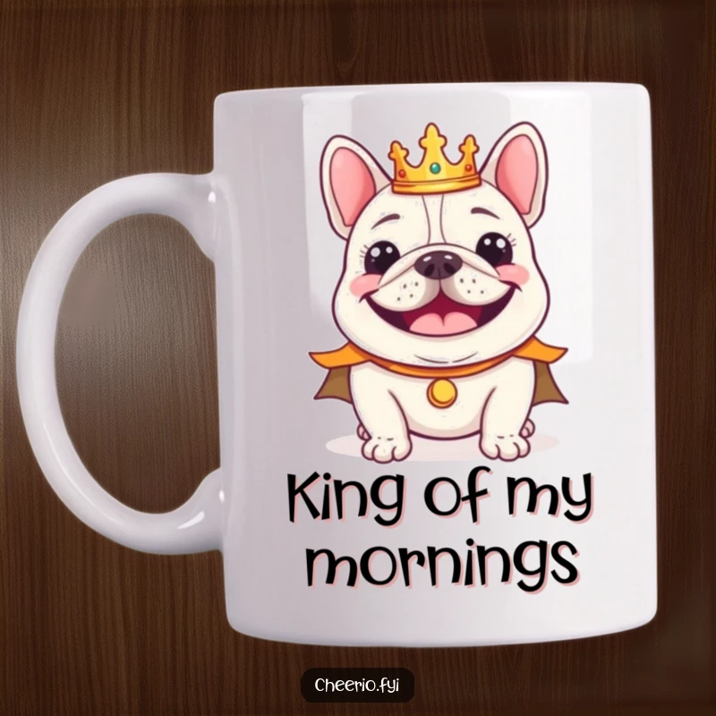 Funny cheerful bulldog wearing a tiny crown and regal cape smiling, a majestic coffee mug.