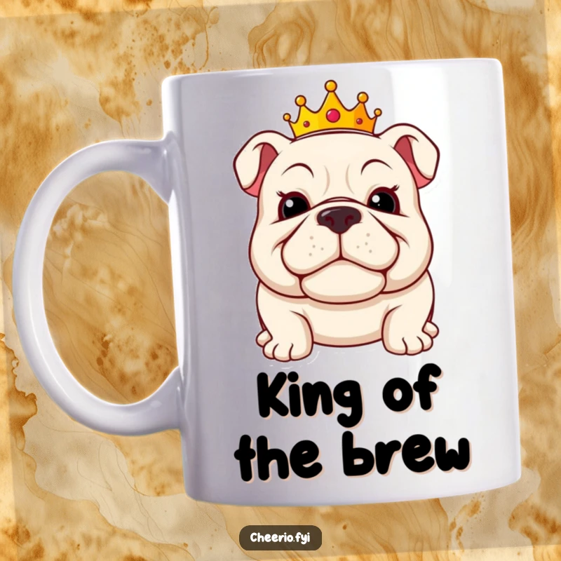 Funny bulldog mug showcasing a jolly bulldog wearing a small golden crown, with a confident, proud grin.
