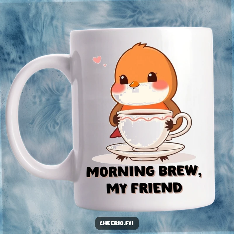 Funny playful robin with very proper posture offering a teacup, a delightful coffee mug.