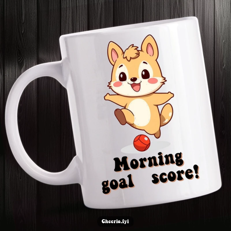 Funny mug featuring a grinning animal character energetically kicking a small red ball, embodying pure playful fun.